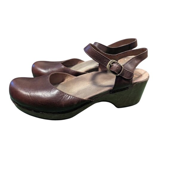 Dansko Sam Leather Mary Jane Scandi Girl Ankle Strap Buckle Heel Sandal Clogs - Picture 2 of 7